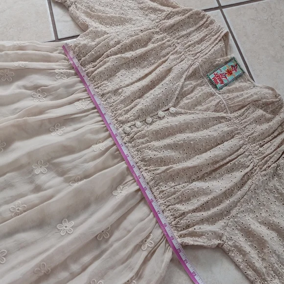 Johnny Was Ambre Midi Dress Embroidery Eyelet Empire Waist Ivory Cream L